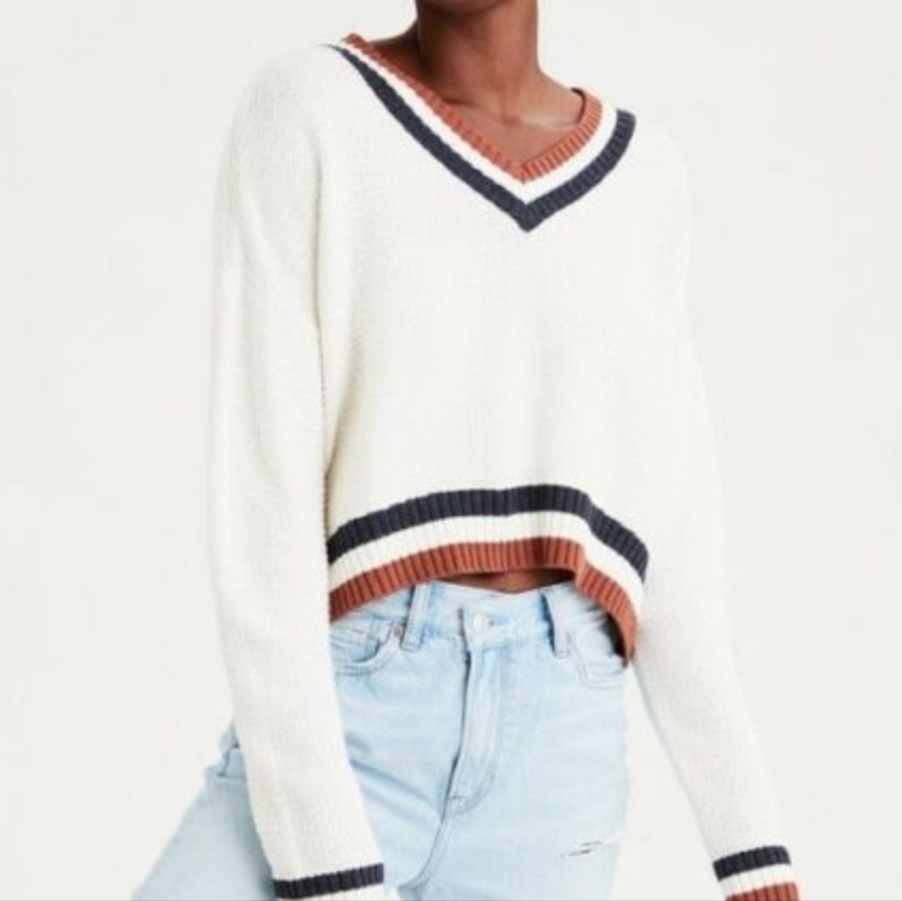 Cream American Eagle V Neck Cropped Sweater with Stripes